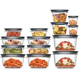 Rubbermaid 28-Piece Clear/Grey Food Storage Containers, Premium Snap Bases, and Various Size Lids, Perfect for Meal Prep, Leftovers, and Dishwasher Safe