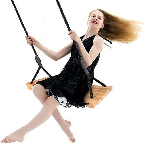 Wooden Swing Seat, Hanging Tree Swing with Adjustable Nylon Rope, Outdoor Wood Swing Set for Backyard, Patio, Garden Playground (26x12in)