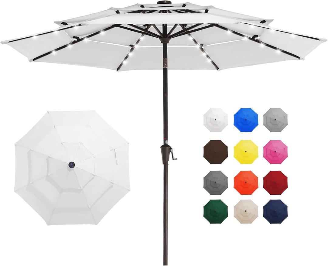 JEAREY 3 Tiers Patio Umbrella with Solar Lights 9ft Outdoor Market Table Umbrellas with Push Button Tilt for Outside Pool Garden, Creamy-white