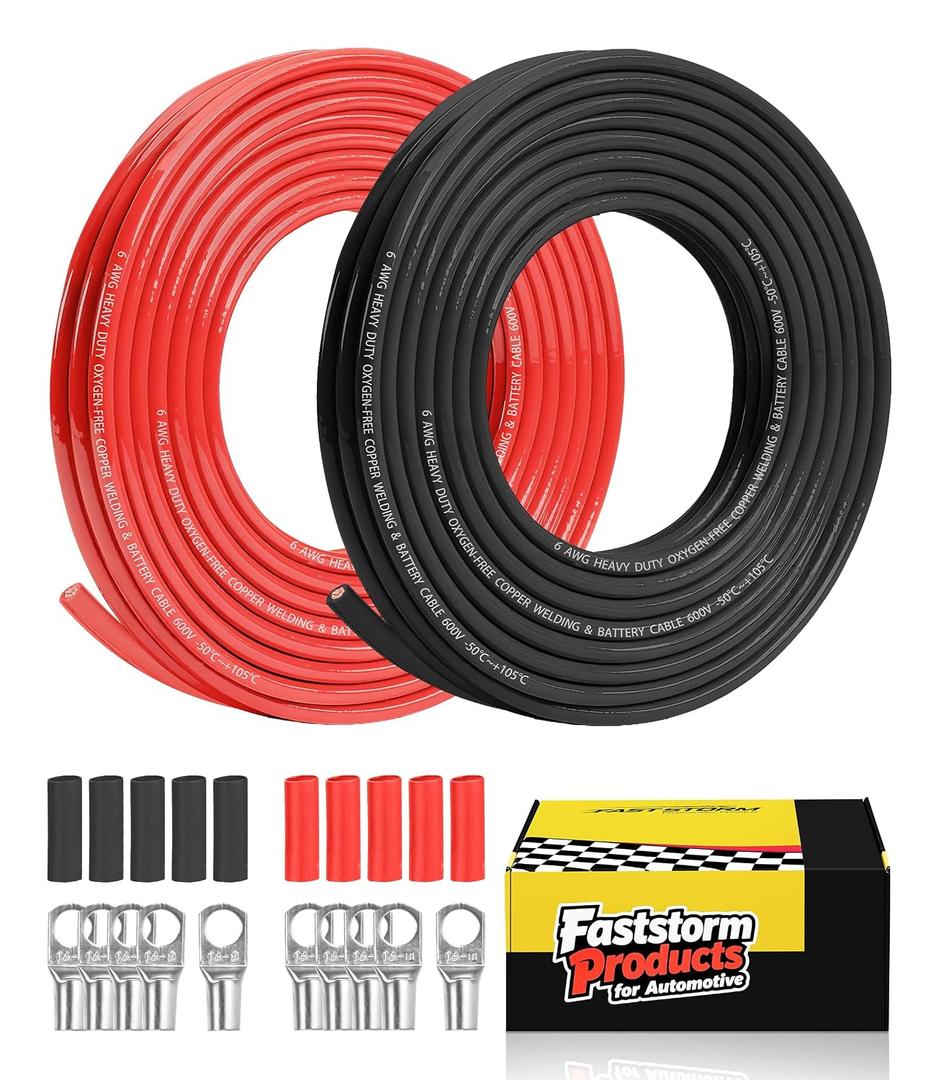 6 AWG Battery Cable, 10 Feet Black + 10Feet Red Flexible 6 Gauge Wire with 5pcs of 5/16" & 5pcs 3/8" Tinned Copper Lugs Terminal Welding Cable + Heat Shrink Tubing for Auto Solar Marine RV