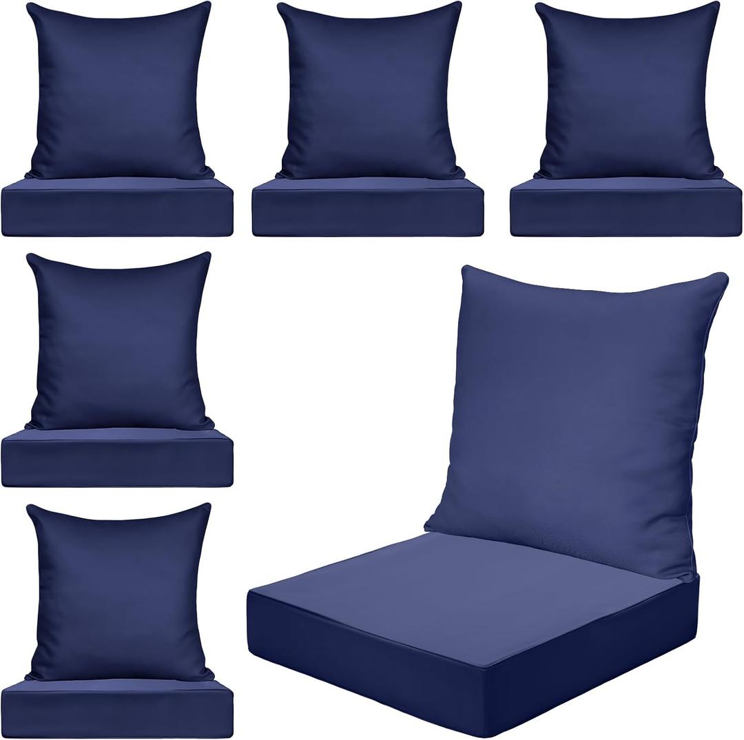 Hoteam 6 Set Outdoor Chair Cushions 20 x 20 Inch Patio Cushions Deep Seat Waterproof Patio Furniture Set for Replacement Removable Seat and Back (Navy Blue)