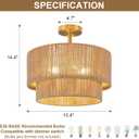 3-Light Boho Light Fixtures Ceiling Mount, 15.4" Rattan Semi Flush Ceiling Light with 2-Tier Shade, Rustic Hemp Rope Drum Light for Hallway Kitchen Entryway Farmhouse Bedroom