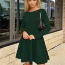 ZESICA Womens Long Sleeve Mini Dress 2026 Fall Crewneck Pleated Babydoll A Line Flowy Wedding Party Short Dresses (Green, L)