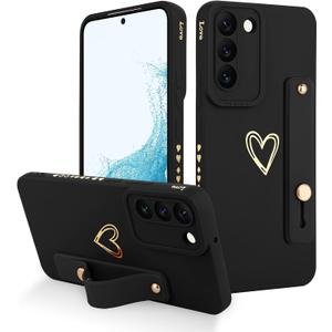 Fiyart Designed for Galaxy S22 5G Case with Phone Stand Holder Cute Love Hearts Pattern Slim Protective Camera Protection Cover with Wrist Strap for Women Girls for Galaxy S22 5G 6.1"-Black