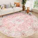 Round Rug 9ft,Large Pink Circle Area Rugs for Bedroom Living Room,Washable Boho Vintage Bohemian Distressed Oriental Floral Carpet Non Slip