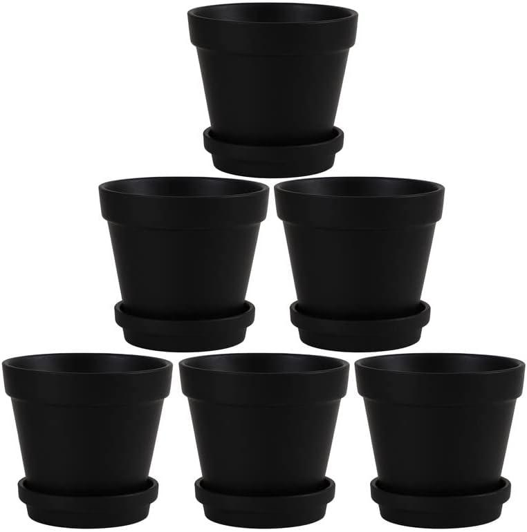Fcacti 5.5 Inch Black Clay Pot for Plant with Saucer - 6 Pack Large Terra Cotta Plant Pot with Drainage Hole, Flower Pot with Tray, Terracotta Pot for Indoor Outdoor Plant