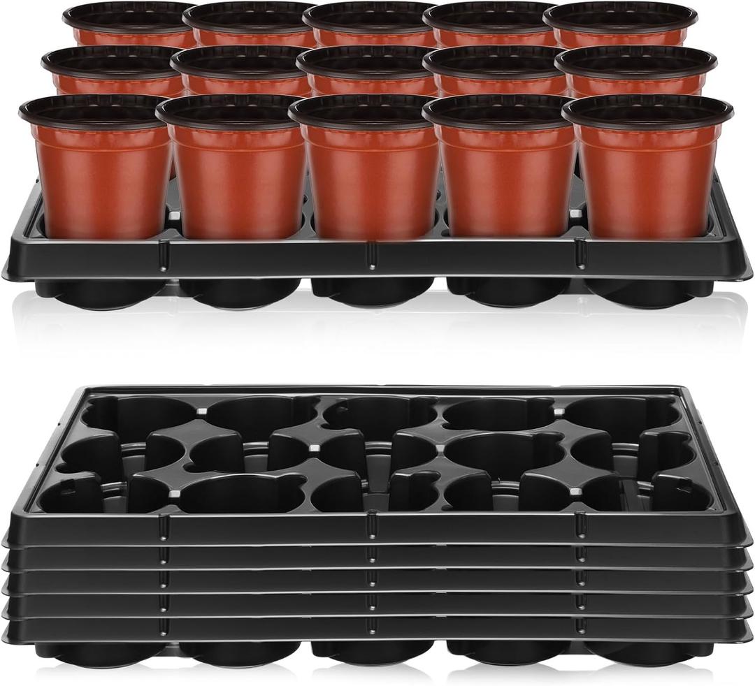 Baderke 6 Sets 4 Inch Plant Nursery Pots, 15 Cell Plastic Pots for Flower Seedling, Flower Plant Container Seed Starting Germination Flowerpot Trays(Brick Red)