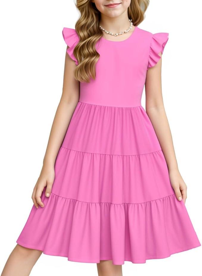 LQSZ Girls Summer Dresses with Ruffle Short Sleeve Midi Casual A-Line Twirly School Sundress Size 3-12 Years