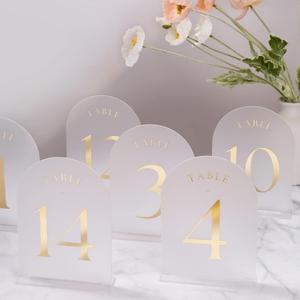 UNIQOOO Frosted Arch Wedding Table Numbers 1-15 w/Stands, Gold Foil Printed 5x7 Acrylic Display Signs &Holders, Pack of 15, Perfect for Centerpiece, Reception, Decoration, Party, Anniversary, Event