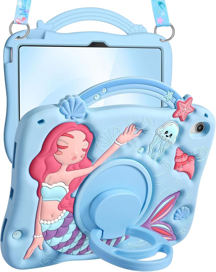 Boaretiu for iPad 10th Generation Case - Girls Teens Cute Cartoon Blue Mermaids 10.9 Inch 2022 Tablet Cover with Strap & Rotating Stand Soft 3D Silicone Funda for iPad 11th 11 Inch 2025