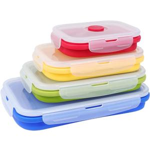 Set of 4 Collapsible Foldable Silicone Food Storage Container, Leftover Meal Box With Airtight Plastic Lids For Kitchen, Bento Lunch Boxes-Microwave, Dishwasher and Freezer Safe (Red, Yellow, Green, Blue)