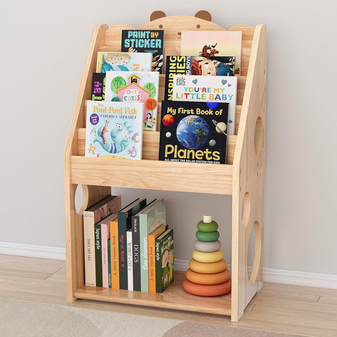 5 Tier Montessori Bookshelf with Toy Storage, Large Toddler Bookshelf with Chalkboard, Baby Bookcase Book Display Shelve for Kids Bedroom, Nursery, Classroom, Kids Furniture for Boys Girls 1+