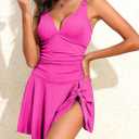 Aleumdr Ribbed One Piece Swimdress Swimsuits for Women Tummy Control Tie Knot Swim Skirt V Neck Bathing Suit (Pink, M)