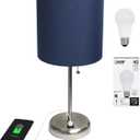 Simple Designs LT2044-NAV-LB Brushed Steel Stick Table Desk Lamp with USB Charging Port and Drum Fabric Shade for Living Room, Hallway, Nightstand, Office, Navy Blue Shade, With Feit LED Bulb Included