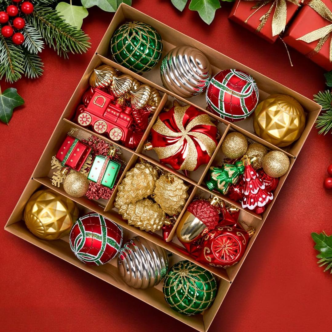 JOYIN 82 Pcs Assorted Christmas Ornaments Ball Set, 3.15'' Red Gold Green Deluxe Tree Hanging Christmas Ornaments, Xmas Shatterproof Indoor Decorations for Tree Holidays Party Wedding Decor Events