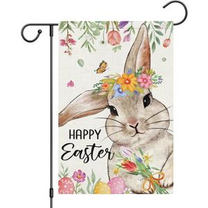 Heyfibro Happy Easter Bunny Garden Flag 12x18 Double Sided Burlap, Floral Wreath Rabbit with Spring Flowers & Decorative Eggs Yard Banner for Holiday Farmhouse Yard Outdoor Decor(ONLY FLAG)