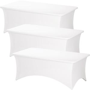 Fixwal 3 Pack White Table Cloths Rectangle 8FT, Tablecloths Rectangular Stretch Spandex Fitted Table Covers 8FT for Parties, Trade Shows, Banquet, Weddings, Buffet, Graduation Decorations