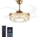 42" Retractable Ceiling Fans with Lights, Crystal Chandelier Ceiling Fan with Remote & APP Control, Modern Dimmable LED Fandelier for Living Room, Dinning Room, Bedroom (Gold)