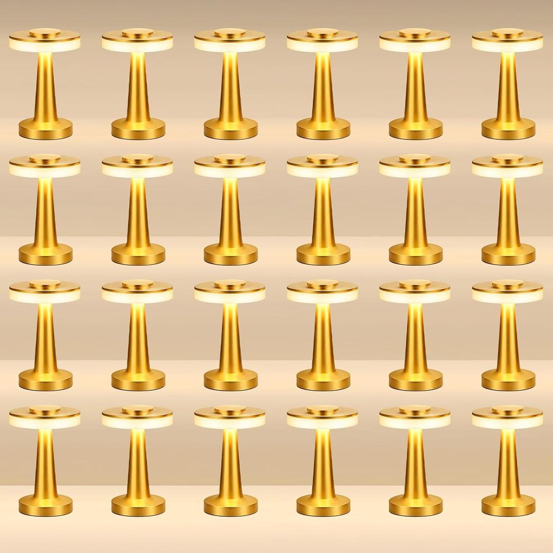 VIHOSE 24 Pcs Cordless Table Lamps LED Portable Rechargeable Table Lamp with Touch Sensor 3 Color Dimming up to 15 Hours Battery Desk Light for Restaurant Nursery Living Room (Gold)