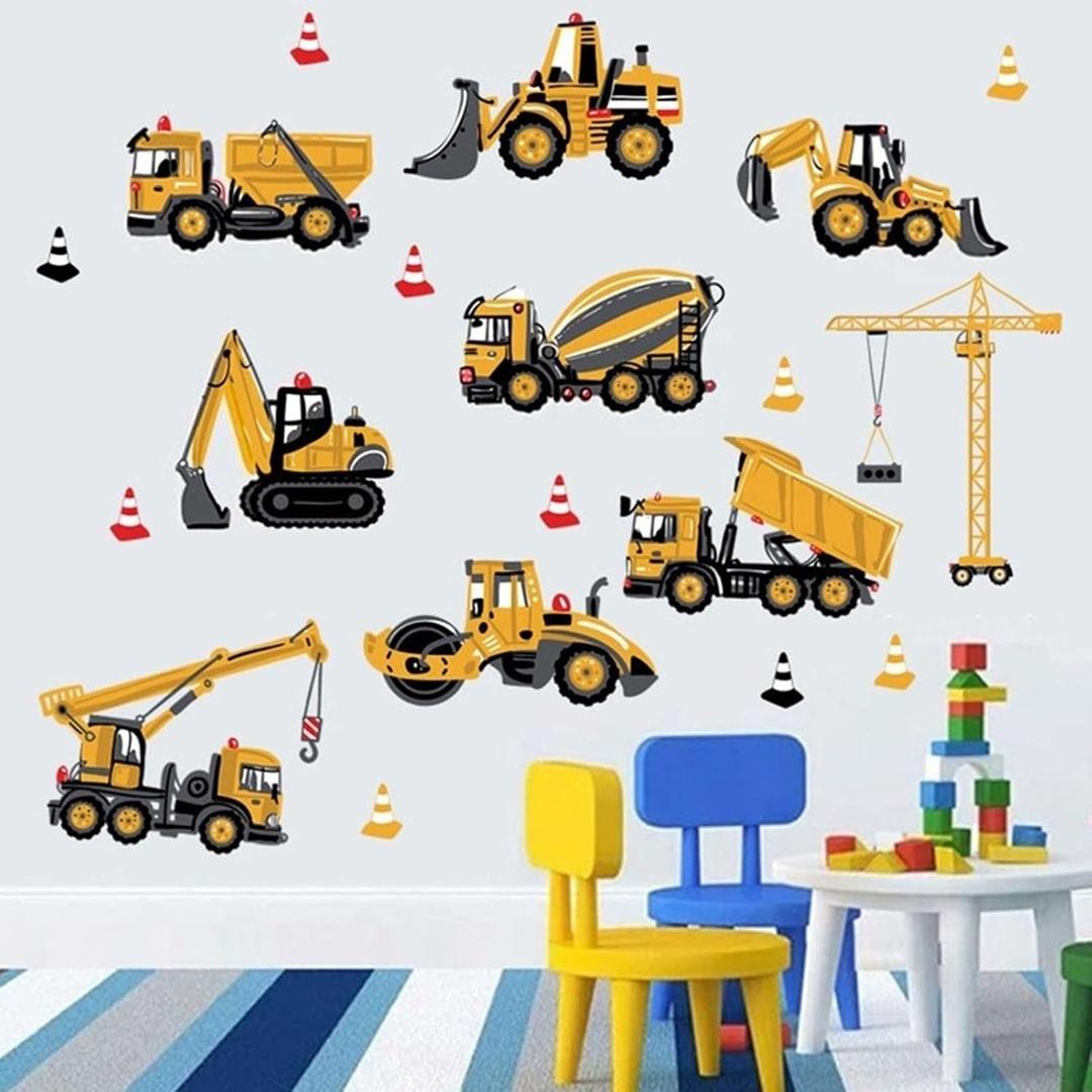 Construction Wall Stickers, Truck Digger Excavator Cartoon Engineering Car Decorative Wall Decals, Vinyl Peel Stick Decor Wall Decors for Kids Baby Bedroom Boys Room Nursery Playroom, 18.9 Inches X 1.19 Inches