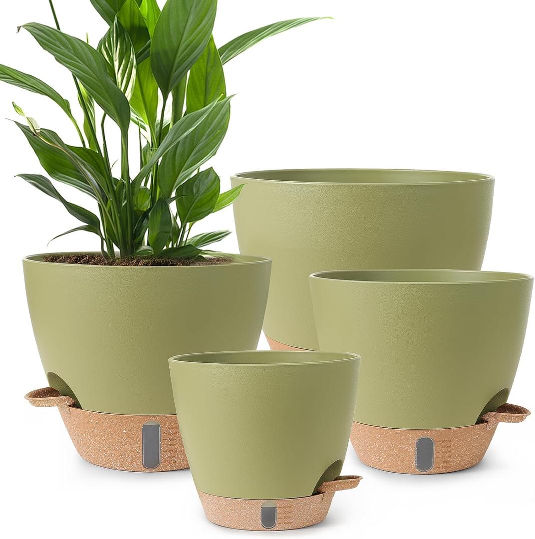 Plant Pots,12/10/9/8/ Inch Large Plastic Self Watering Flower Pots Indoor Outdoor with Drainage Holes, Deep Reservoir,Nursery Planting Pot for Indoor Out Door Plants (Green)