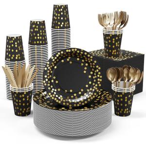 Black and Gold Party Supplies - 350 PCS Disposable Dinnerware Set - Black Paper Plates Napkins Cups, Gold Plastic Forks Knives Spoon for Halloween, Graduation, Birthday, Cocktail Party