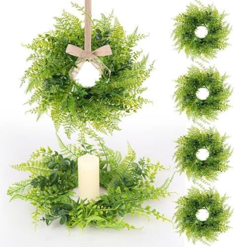 6 Pcs Green Fern Hanging Wreaths Artificial All Seasons Fern Wreath Mini Greenery Hanging Wreath for Pillar Front Door Porch Wall Window Farmhouse All Seasons Decoration