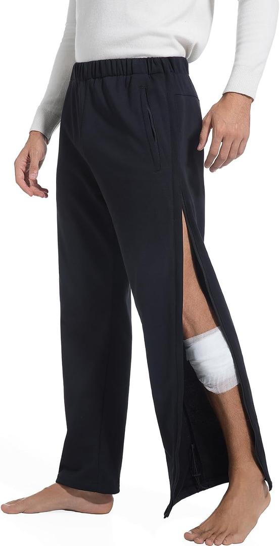 Men's Tear Away Pants Post Surgery Breakaway Sweatpants, Full Zipper Legs Open Bottom with Deep Pockets (Black, XXL)