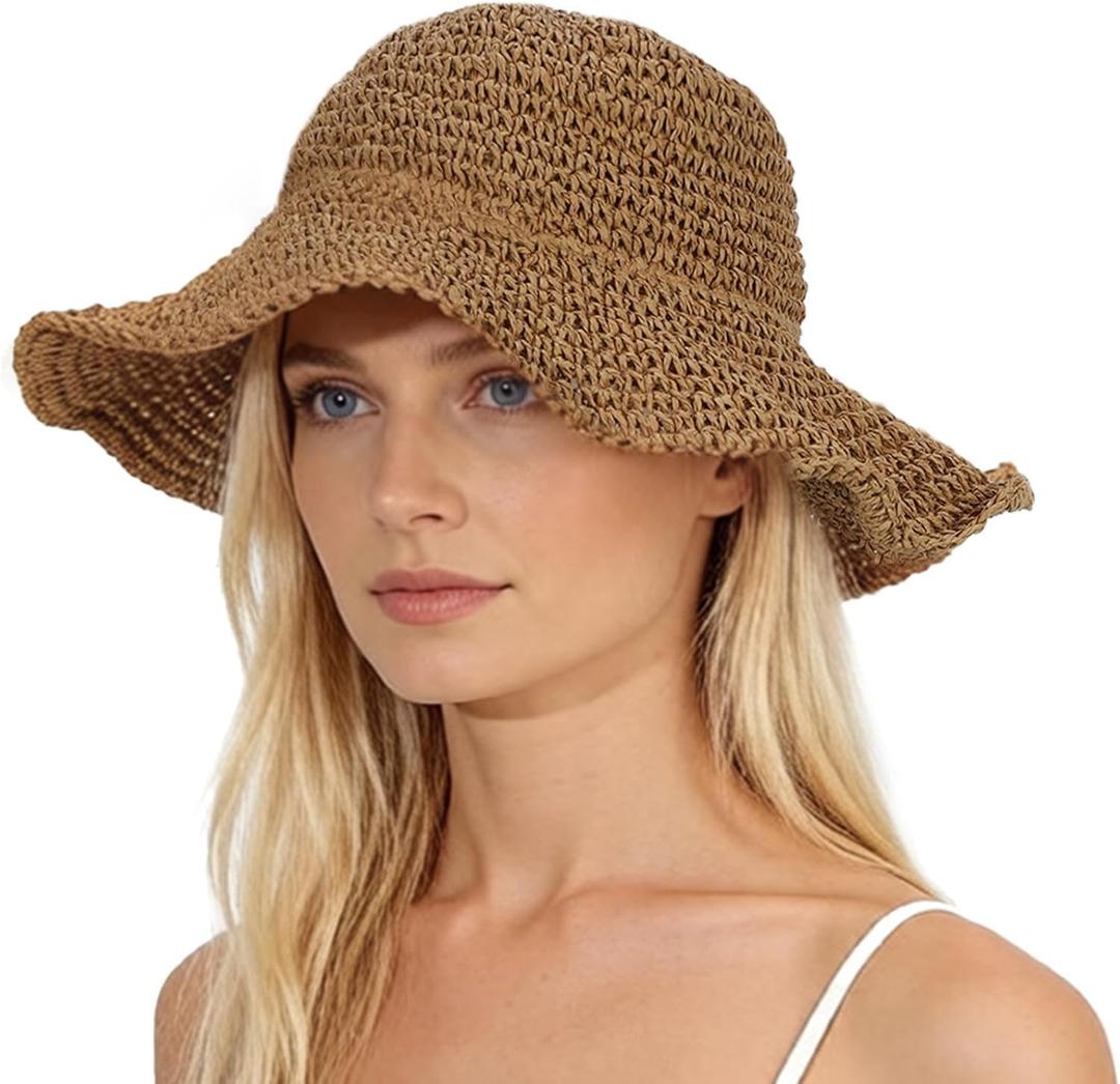 Oweisong Sun Hats for Women Wide Brim Floppy Beach Hats Packable Boho Crochet Straw Hat for Summer Vacation Travel (Brown)
