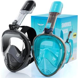Greatever Full Face Snorkel Mask, Snorkeling Gear for Adults with Latest Dry Top Breathing System and Detachable Camera Mount, Foldable Snorkel Set for Family Snorkeling Trips, Anti-Fog & Anti-Leak (Small-Medium, 2 Pack - Black+Green)