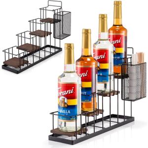 Coffee Syrup Rack Organizer, with Rustic Wood Holder Coffee Station Bar Accessory for Syrup, Wine, Dressing Bottle Countertop Display Storage Stand for Kitchen with Basket and Hooks Holds 4 Bottles