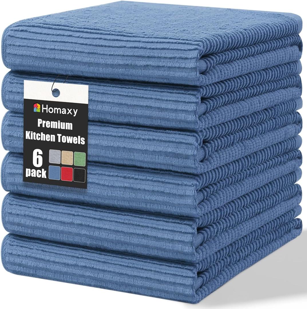 Homaxy Premium Kitchen Towels (18"x 28", 6 Pack), Large 100% Cotton Kitchen Hand Towels, Ultra Absorbent Ribbed Terry Tea Towels Set with Hanging Loop, Navy Blue