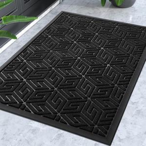 Yimobra Front Door Mat Outside Entrance 17x29.5, Waterproof All-Season Weather Doormat, Stain and Fade Resistant, Indoor Outdoor Entryway Welcome Mat, Non Slip Natural Rubber, Easy Clean Patio, Black