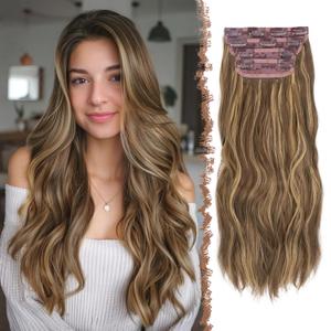 FESHFEN Clip in Hair Extensions for Women - 4 Pcs Thick Double Weft Long Wavy Soft Synthetic Blends Well Hair Extension, 20 inch Golden Brown & Blonde