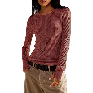 GRECERELLE Waffle Knit Long Sleeve Shirts for Women Crew Neck Slim Fitted Going Out Tops Y2k Outfits Black-S