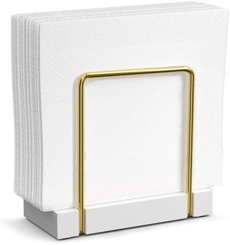 Napkin Holder for Table, Bamboo Iron Standing Napkin Dispenser for Dining Table Farmhouse Cocktail Picnic Rustic Wood Holders All Kitchen Dining Room Decor Gold & White
