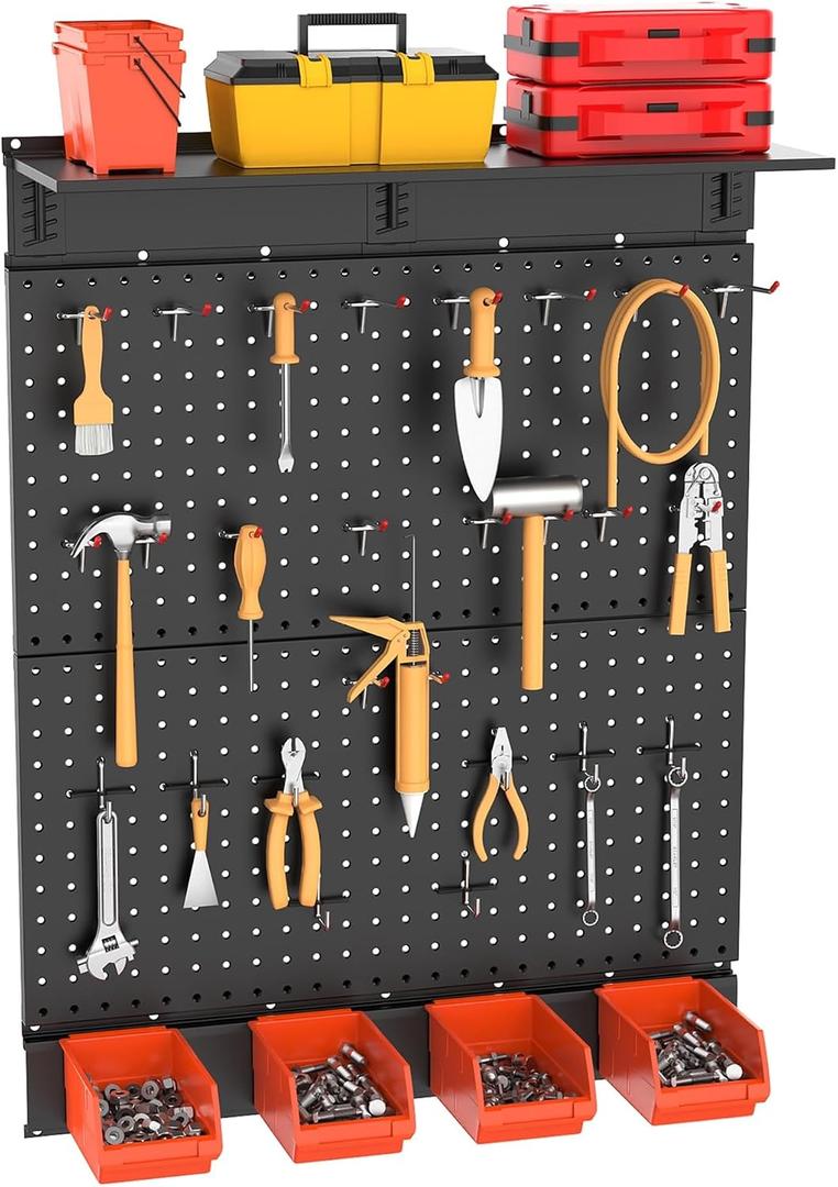 TORACK Garage Metal Pegboard with Accessories, Tools Organizer Peg Board with Pegboard Hooks, Wall Mounted Bins, Tool Storage Pegboards for Wall(Black)
