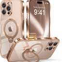 GVIEWIN for iPhone 16 Pro Max Case with 360 Magnetic Stand, [Compatible with MagSafe][Full Camera Protection][Non-Yellowing] Cute Slim Electroplated Wave Shockproof Phone Case 6.9", Clear/Rose Gold