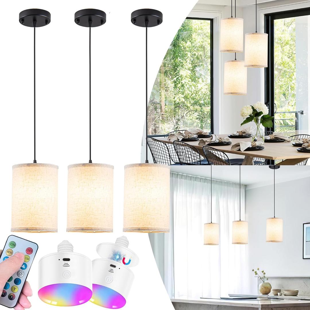 Battery Operated Pendant Light Remote Control,Wireless Hanging Lamp Non Hardwired,3 Pack Fabric Pendant Lighting For Kitchen Island,Battery Chandelier With Rechargable Light Bulbs 30hrs Battery Life