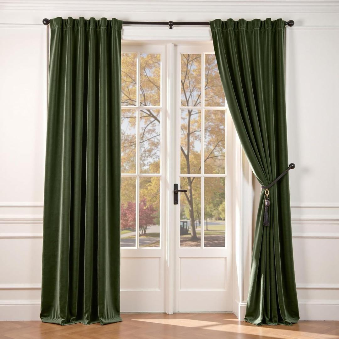 Lazzzy Velvet Blackout Curtains Thermal Insulated Room Window Drapes Super Soft Luxury Curtains for Living Room Bedroom Rod Pocket 2 Panels, Moss, 52" W x 84" L