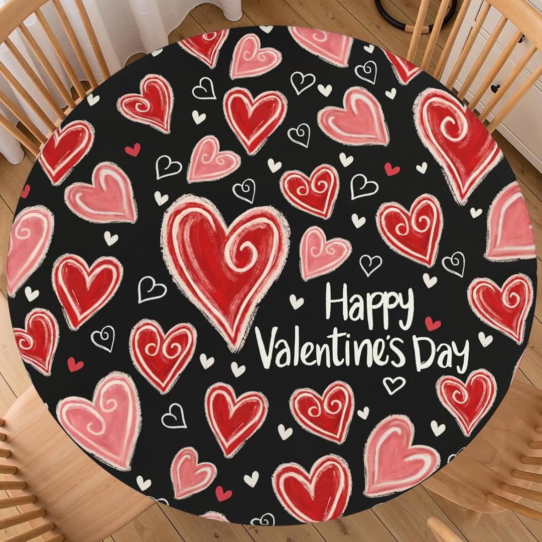 Valentines Day Round Tablecloth Fitted Best for 40"-44" Black Red Heart Table Cloth Vintage Elastic Edge Water-Resistant Washable Love Decoration Table Cover for Party Picnic Indoor Decor