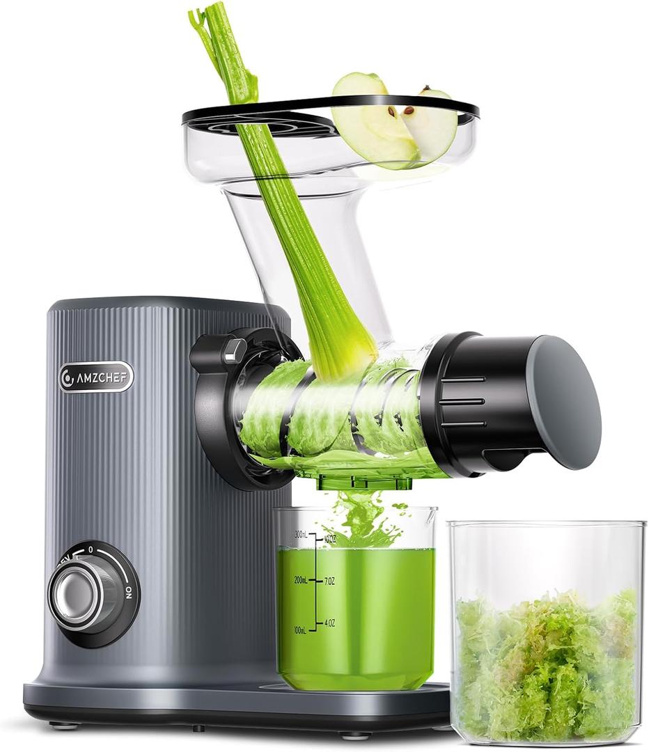 AMZCHEF Cold Press Juicer - 50mm Large Feed Chute, Juicer Machines with 150mm Tray, 8 Section Spiral Auger Slow Masticating Juicer for Vegs and Fruits -Grey, medium, 1532-SV