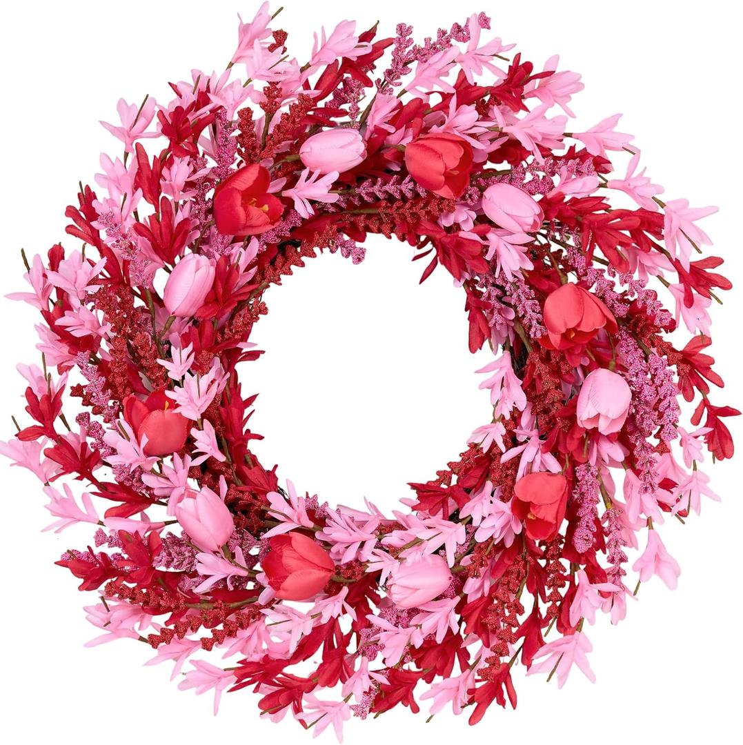 Valentines Day Decorations 22 Inch Valentine's Day Wreath Pink Flower Wreaths for Front Door with Red Tulip Pink Forsythia Flowers for Valentine Wedding Anniversary and Holiday Decorations