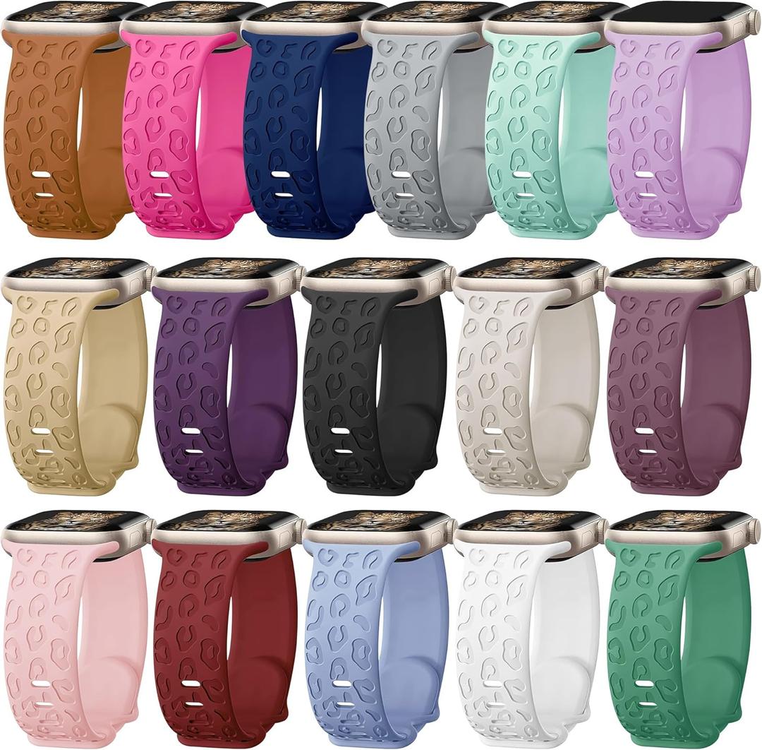 16 Pack Leopard Engraved Bands Compatible with Apple Watch Band 49mm 46mm 45mm 44mm 42mm 41mm 40mm 38mm for Women Men, Cheetah Silicone Strap for iWatch Series Ultra 11 10 9 8 SE 7 6 5 4 3 2 1