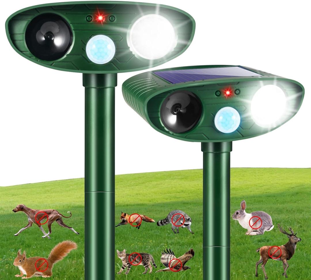 2 Pack 2025 Solar Ultrasonic Repellent Outdoor,Cat Squirrel Rabbit Deer Repellent Devices Skunk Repellent for Yard,Animal Deterrent with Motion Detection Flash Light for Dog Racoon Rodent Mole