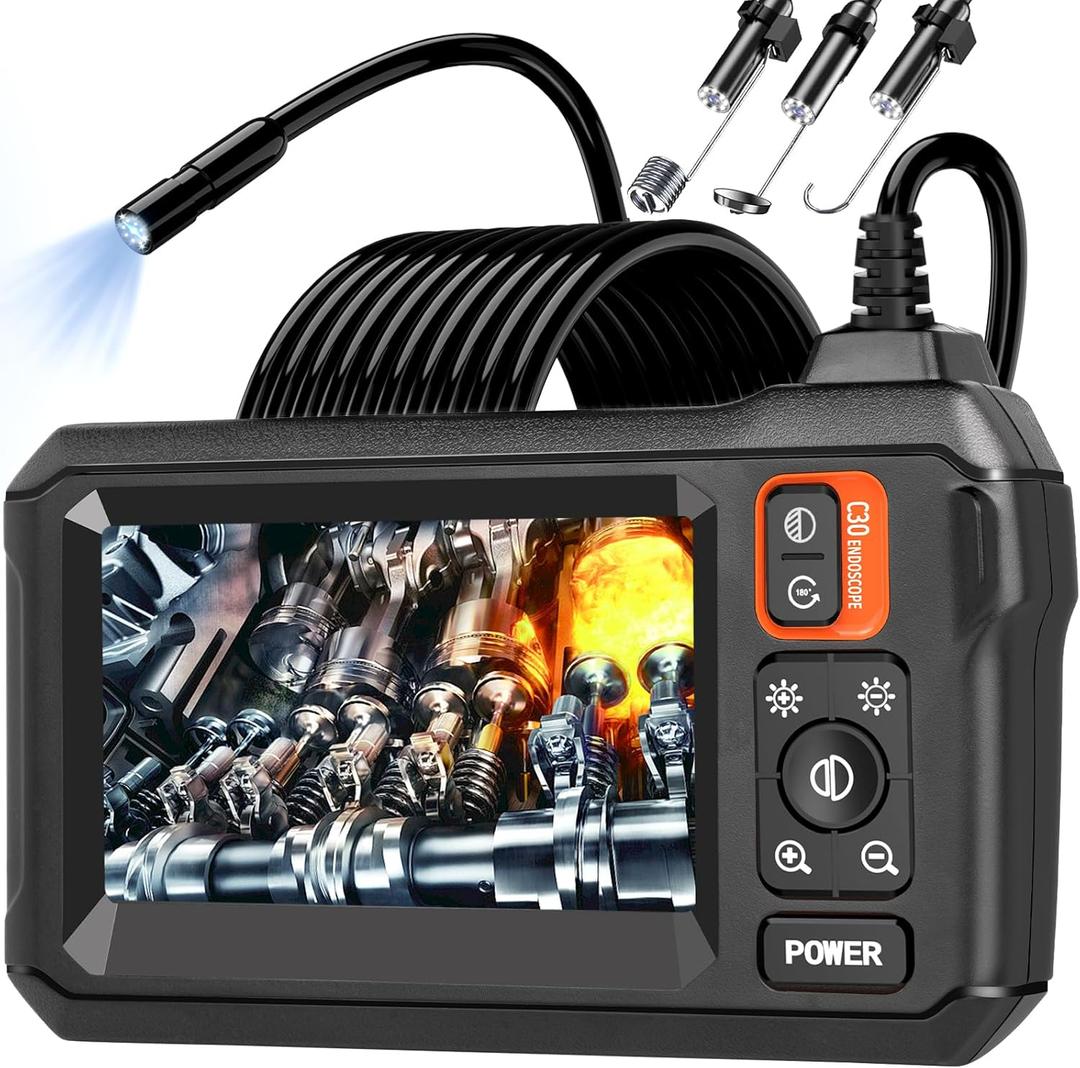 Endoscope Camera with Light, Borescope Camera with 4.3" IPS Screen, 1920P HD with 8 LED Lights, 16.4FT Semi-Rigid Cord Bore Scope, Gadgets for Men & Tools for Men
