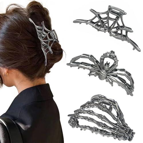 Parcce 3 Pieces Large Metal Spider Net Hand Hair Claw Clips for Women and Girls Thick Long Hair, Nonslip Skeleton Spooky Barrette Headband Hair Styling Accessories for Halloween Christmas Gifts