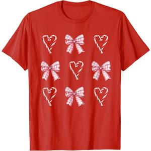 Heart Candy Cane Pink Bow Christmas T-Shirt (Red, M)