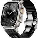 Silicone Band for Apple Watch Ultra 3/2 / Series 11 10 9 8 7 (44mm 45mm 46mm 49mm), Men Luxury Sport Strap with Metal Rugged Folding Clasp, Rugged Heavy Duty Modern Design for Men (Black-Silver Buckle)