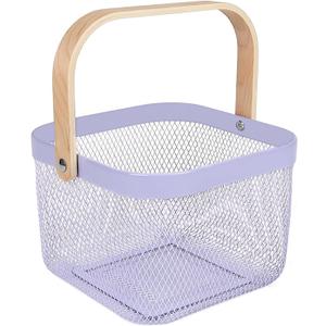 AJIODA Metal Mesh Steel Basket, Storage Organizer Basket Multi-functional Hanging Kitchen Baskets Fruit Basket Bin with Bamboo Handle for Kitchen Bathroom Picnic Shopping Decor Cabinet Home, Purple